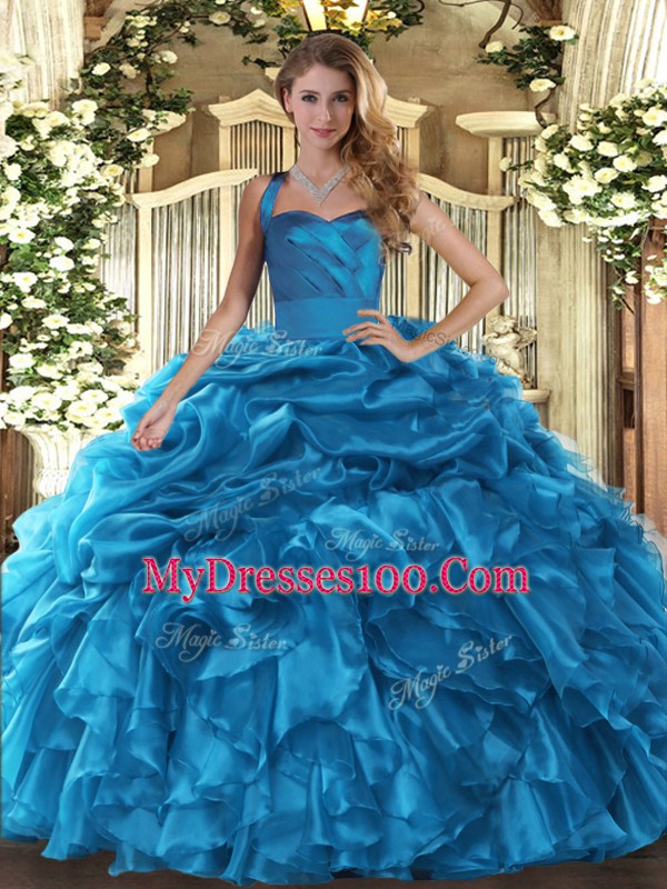 Baby Blue Sleeveless Organza Lace Up Quince Ball Gowns for Military Ball and Sweet 16 and Quinceanera