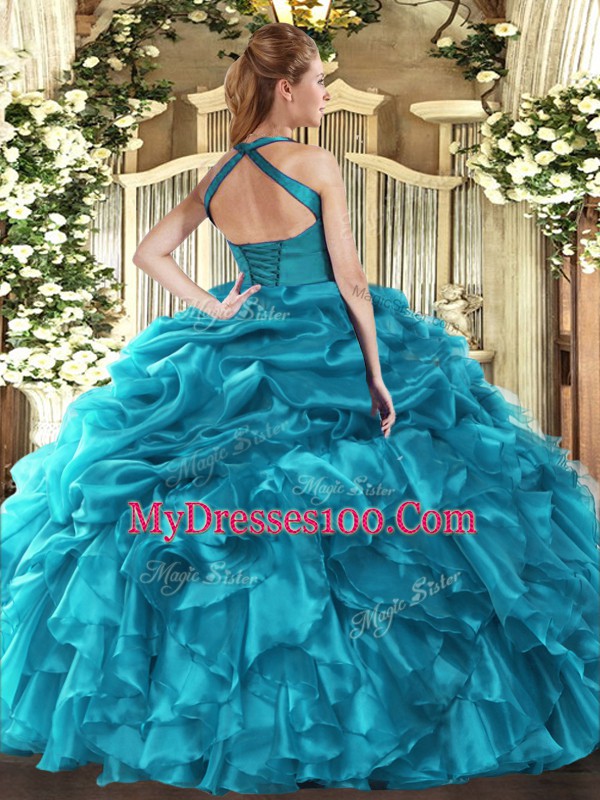 Baby Blue Sleeveless Organza Lace Up Quince Ball Gowns for Military Ball and Sweet 16 and Quinceanera