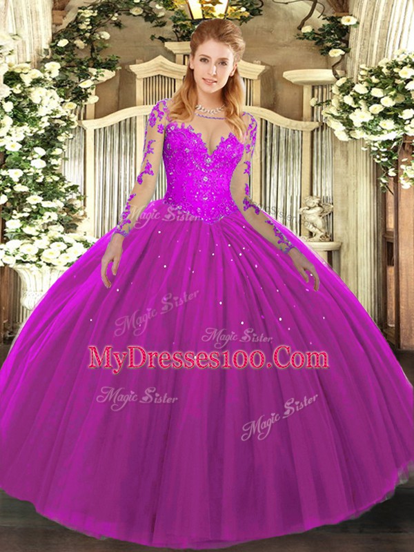 Glamorous Fuchsia Long Sleeves Tulle Lace Up Sweet 16 Dresses for Military Ball and Sweet 16 and Quinceanera