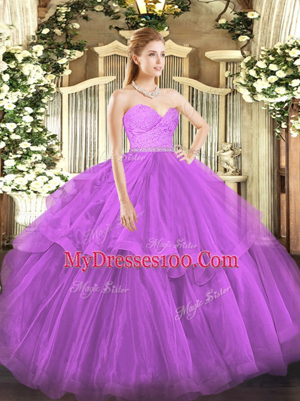 Fuchsia Tulle Zipper Ball Gown Prom Dress Sleeveless Brush Train Beading and Lace and Ruffled Layers