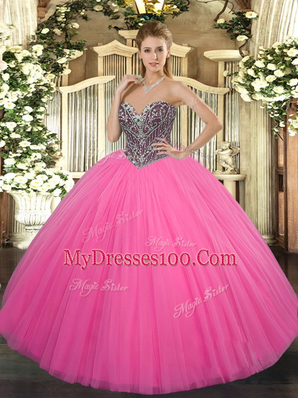 Beautiful Hot Pink Ball Gowns Tulle Sweetheart Sleeveless Beading Floor Length Lace Up Vestidos de Quinceanera
