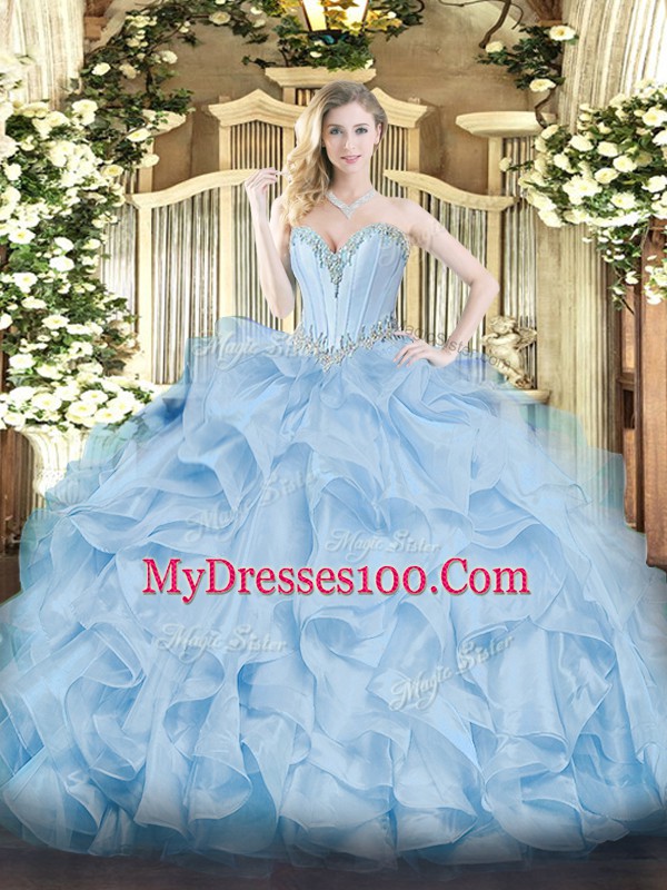 Enchanting Beading and Ruffles Quinceanera Gowns Blue Lace Up Sleeveless Floor Length