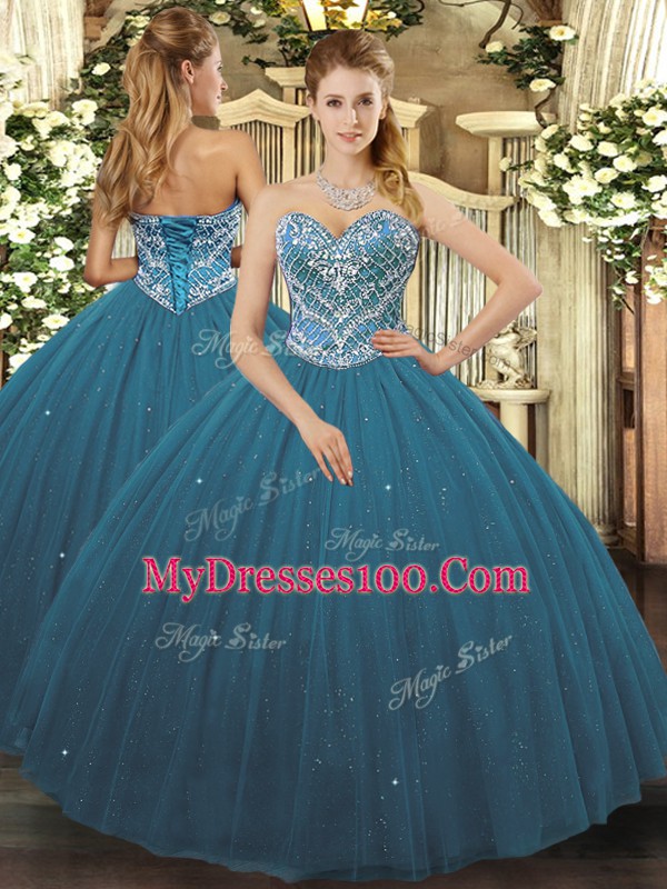Teal Sweetheart Neckline Beading Quinceanera Dresses Sleeveless Lace Up