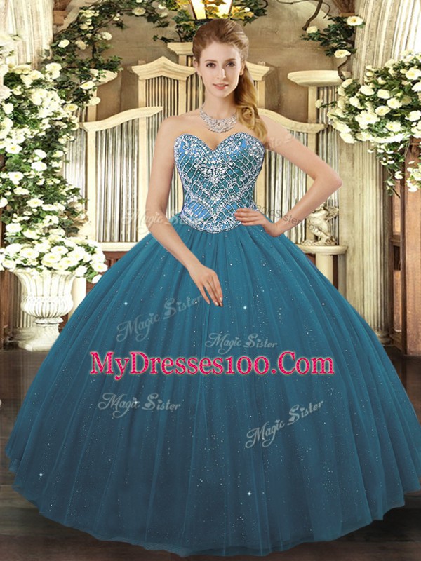 Teal Sweetheart Neckline Beading Quinceanera Dresses Sleeveless Lace Up