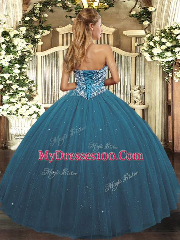 Teal Sweetheart Neckline Beading Quinceanera Dresses Sleeveless Lace Up