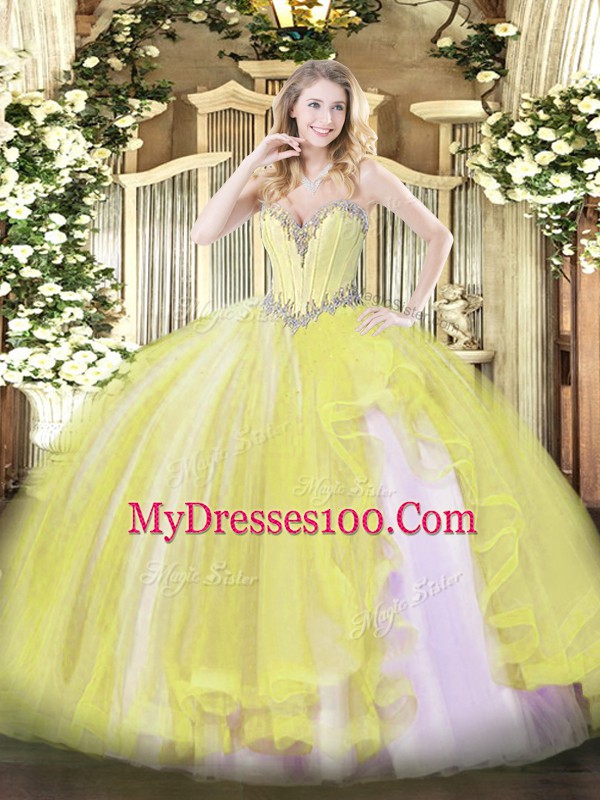 Yellow Ball Gowns Beading and Ruffles Quinceanera Dresses Lace Up Tulle Sleeveless Floor Length