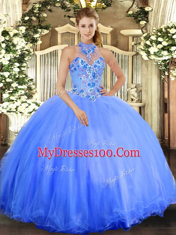 Suitable Blue Halter Top Neckline Embroidery Ball Gown Prom Dress Sleeveless Lace Up