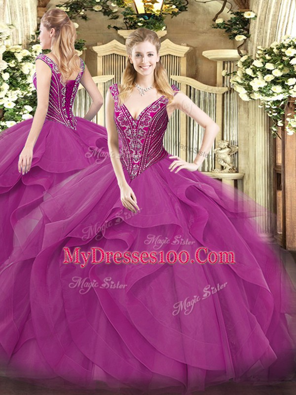V-neck Sleeveless Quince Ball Gowns Floor Length Beading and Ruffles Lilac Tulle