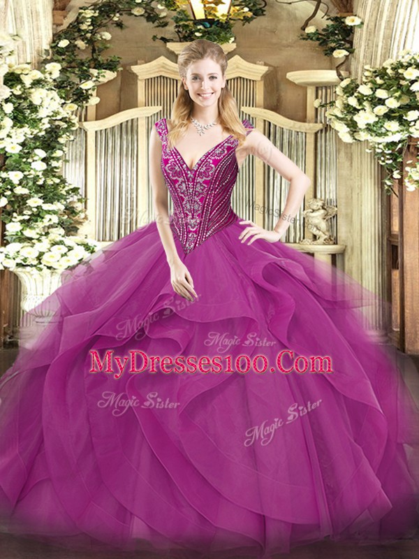 V-neck Sleeveless Quince Ball Gowns Floor Length Beading and Ruffles Lilac Tulle