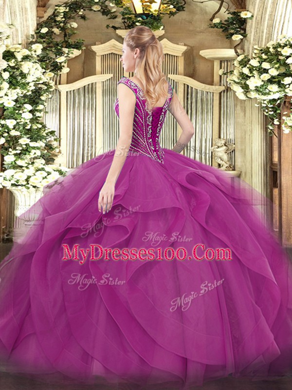 V-neck Sleeveless Quince Ball Gowns Floor Length Beading and Ruffles Lilac Tulle
