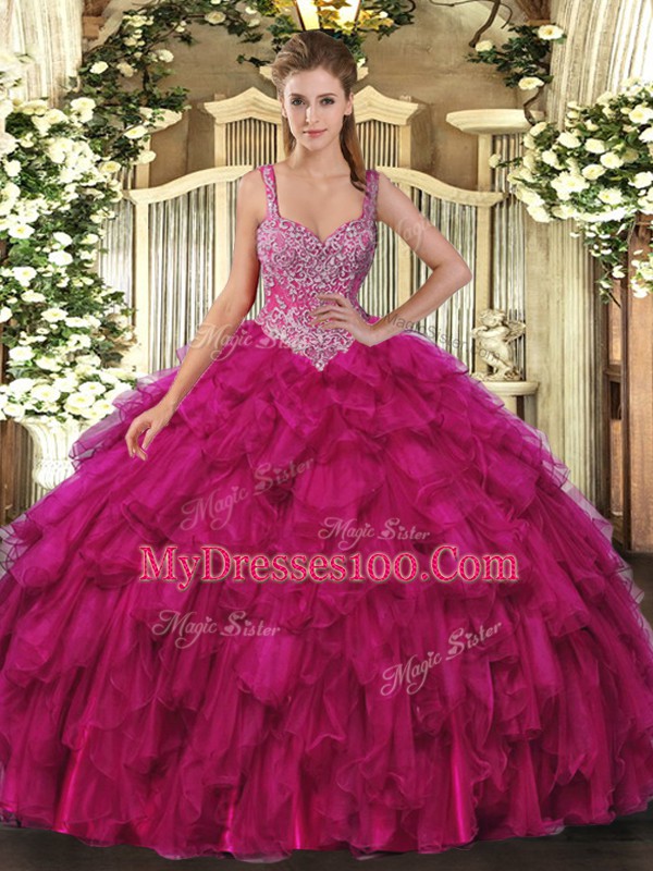 Beauteous Organza Straps Sleeveless Lace Up Beading and Ruffles Sweet 16 Dress in Fuchsia