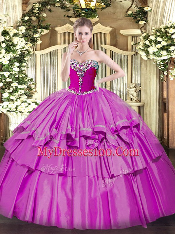 Lilac Lace Up Sweetheart Beading and Ruffled Layers Vestidos de Quinceanera Organza and Taffeta Sleeveless