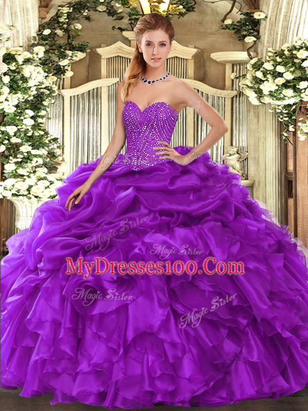 Attractive Sleeveless Floor Length Beading and Ruffles and Pick Ups Lace Up Quinceanera Dress with Purple