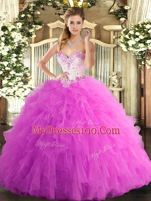 Chic Rose Pink Sleeveless Beading and Ruffles Floor Length Vestidos de Quinceanera