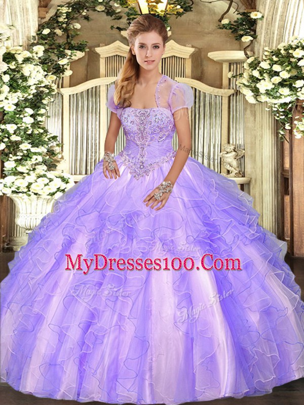 Low Price Sleeveless Floor Length Appliques and Ruffles Lace Up Sweet 16 Dresses with Lavender