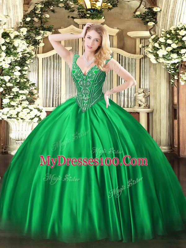 Green V-neck Lace Up Beading Quinceanera Gown Sleeveless