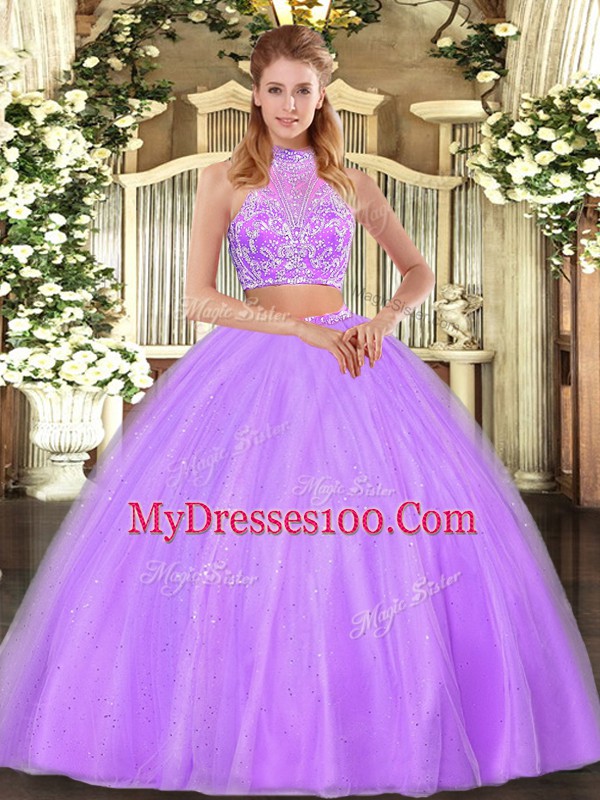 Hot Selling Floor Length Two Pieces Sleeveless Lilac 15th Birthday Dress Criss Cross