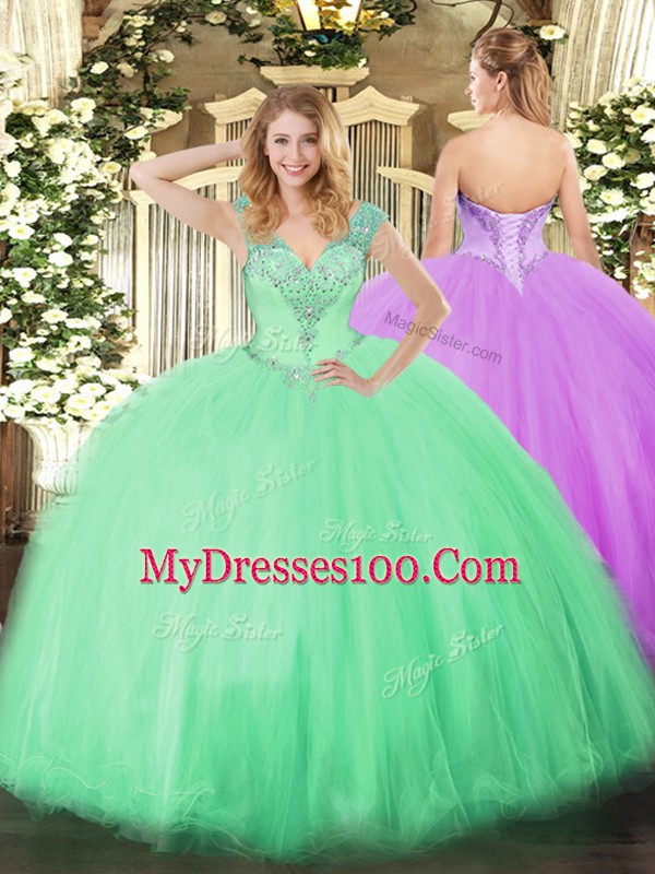 Customized Sleeveless Floor Length Beading Lace Up Ball Gown Prom Dress with Apple Green