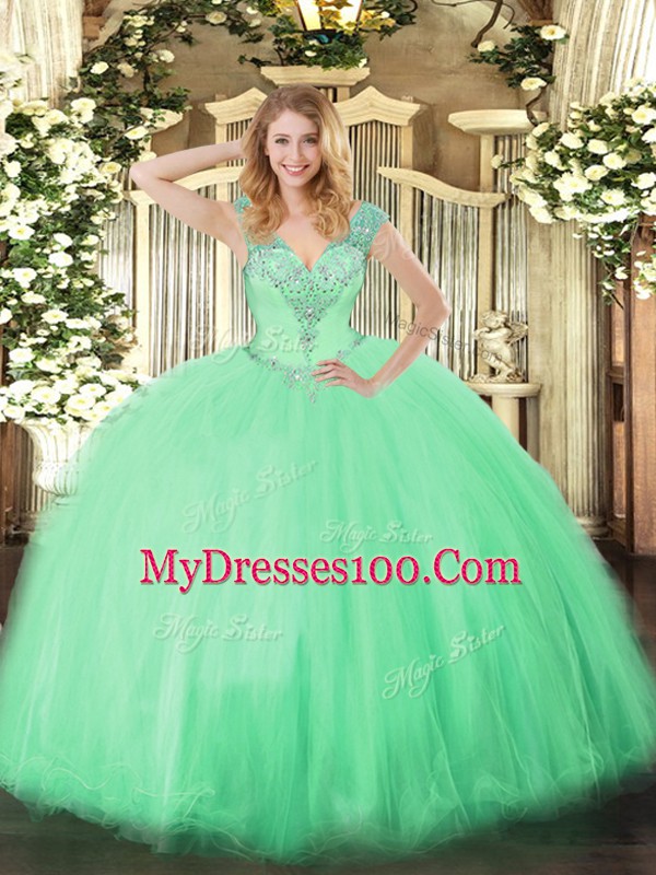 Customized Sleeveless Floor Length Beading Lace Up Ball Gown Prom Dress with Apple Green