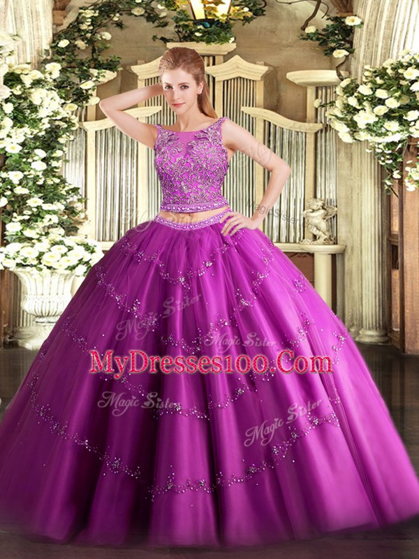 Sleeveless Floor Length Beading and Appliques Lace Up Sweet 16 Dresses with Fuchsia