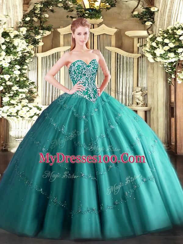 Gorgeous Teal Quinceanera Gowns Military Ball and Sweet 16 and Quinceanera with Beading and Appliques Sweetheart Sleeveless Lace Up