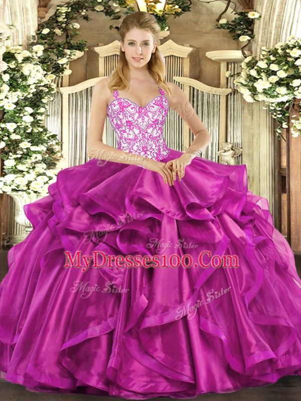 Floor Length Ball Gowns Sleeveless Fuchsia Ball Gown Prom Dress Lace Up
