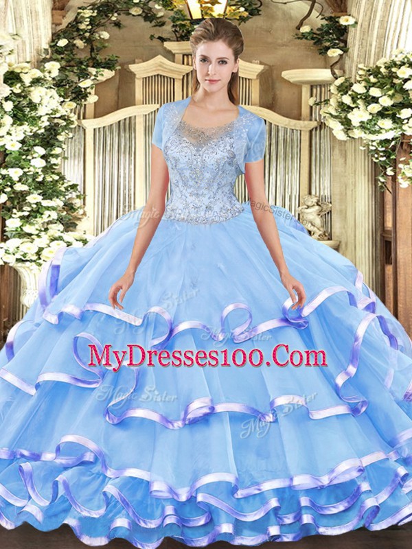New Style Ball Gowns Quinceanera Dresses Aqua Blue Scoop Tulle Sleeveless Floor Length Clasp Handle