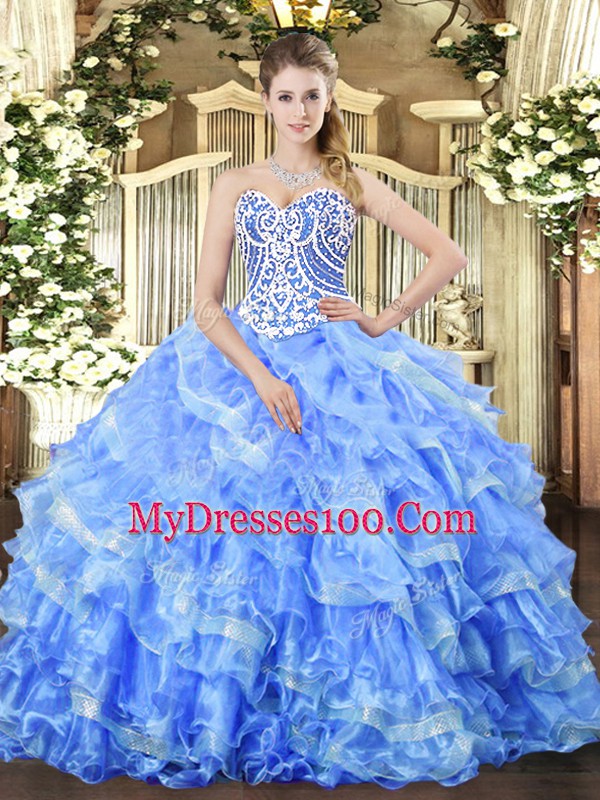 Blue Ball Gowns Sweetheart Sleeveless Organza Floor Length Lace Up Beading and Ruffled Layers Vestidos de Quinceanera