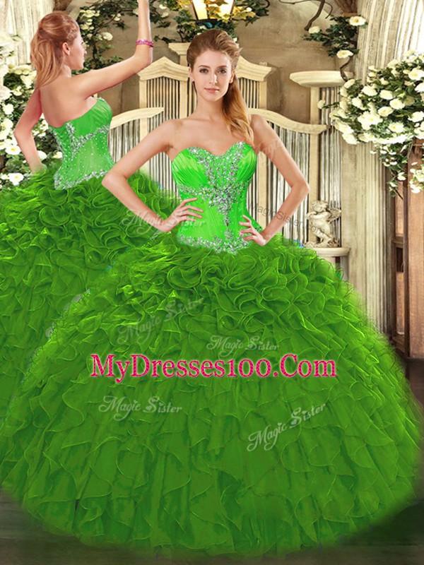 Green Sweetheart Lace Up Beading and Ruffles Quinceanera Gowns Sleeveless