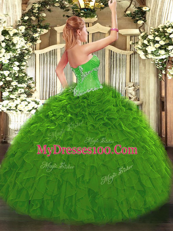 Green Sweetheart Lace Up Beading and Ruffles Quinceanera Gowns Sleeveless