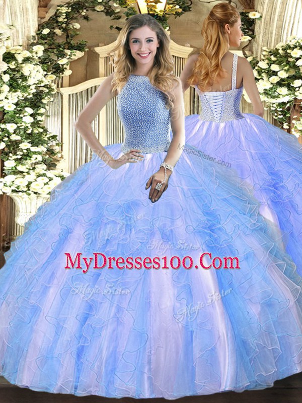 Deluxe Baby Blue Ball Gowns Tulle High-neck Sleeveless Beading and Ruffles Floor Length Lace Up Quinceanera Gowns