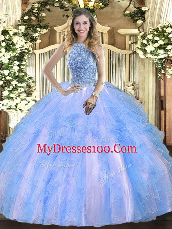 Deluxe Baby Blue Ball Gowns Tulle High-neck Sleeveless Beading and Ruffles Floor Length Lace Up Quinceanera Gowns