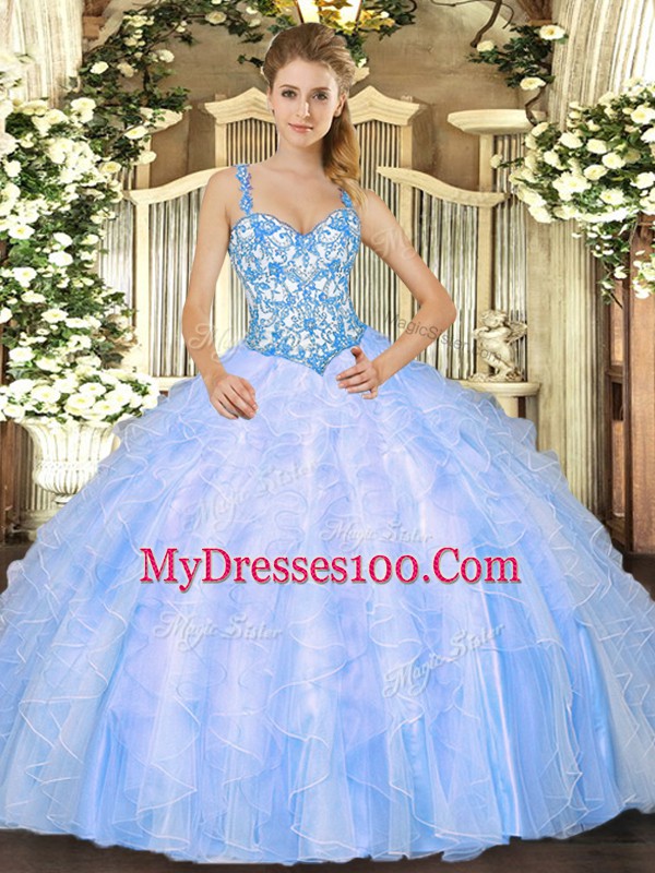 Baby Blue Sleeveless Beading and Ruffles Floor Length Quince Ball Gowns