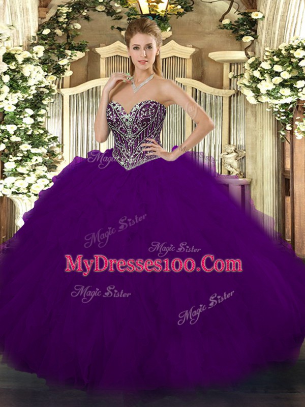Sweetheart Sleeveless Tulle Quinceanera Dresses Beading and Ruffles Lace Up