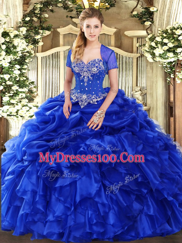 Royal Blue Ball Gowns Organza Sweetheart Sleeveless Beading and Ruffles and Pick Ups Floor Length Lace Up Quinceanera Dresses