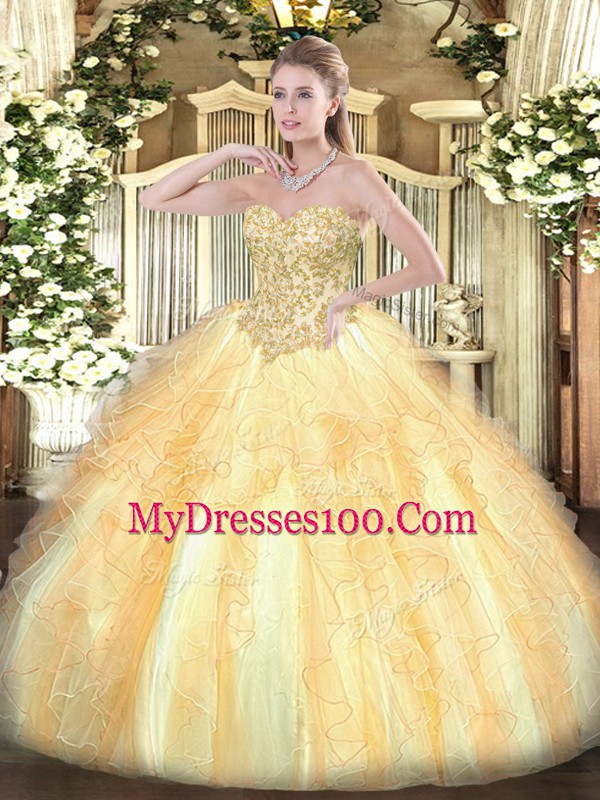 Champagne 15 Quinceanera Dress Military Ball and Sweet 16 and Quinceanera with Appliques and Ruffles Sweetheart Sleeveless Lace Up