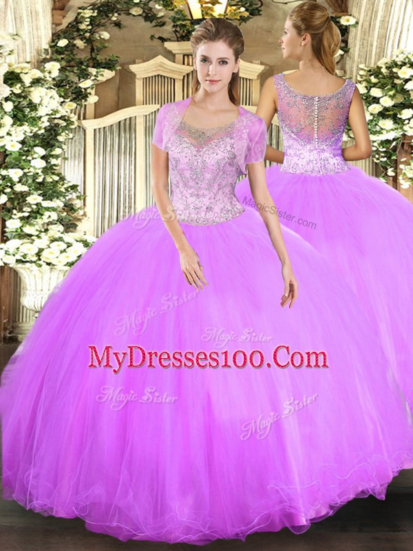 Adorable Tulle Scoop Sleeveless Clasp Handle Beading Sweet 16 Dresses in Lilac