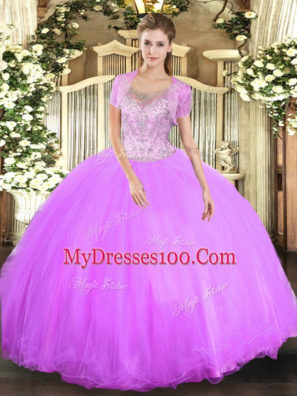Adorable Tulle Scoop Sleeveless Clasp Handle Beading Sweet 16 Dresses in Lilac