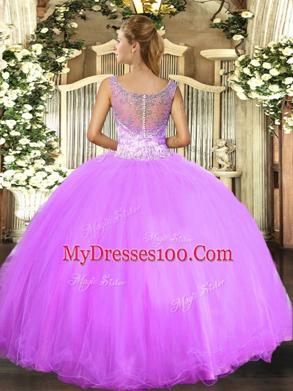 Adorable Tulle Scoop Sleeveless Clasp Handle Beading Sweet 16 Dresses in Lilac