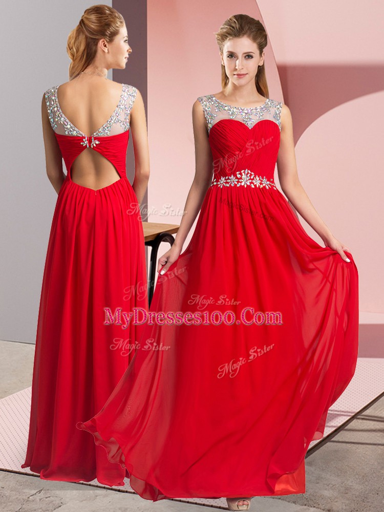 Clearance Red Empire Chiffon Scoop Sleeveless Beading Floor Length Clasp Handle Homecoming Dress