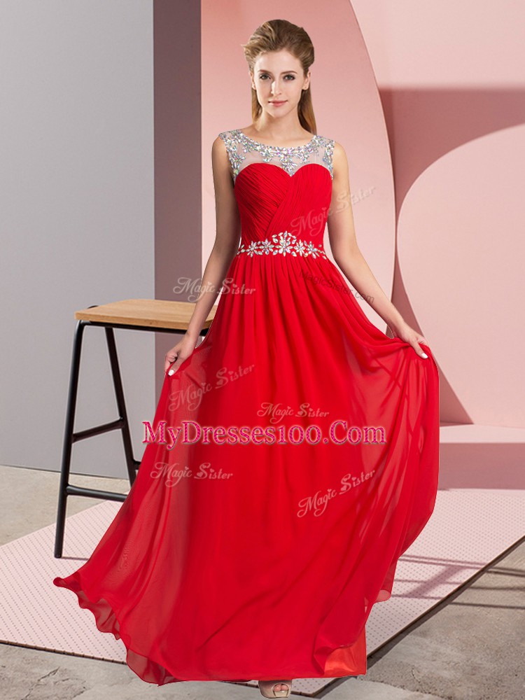 Clearance Red Empire Chiffon Scoop Sleeveless Beading Floor Length Clasp Handle Homecoming Dress