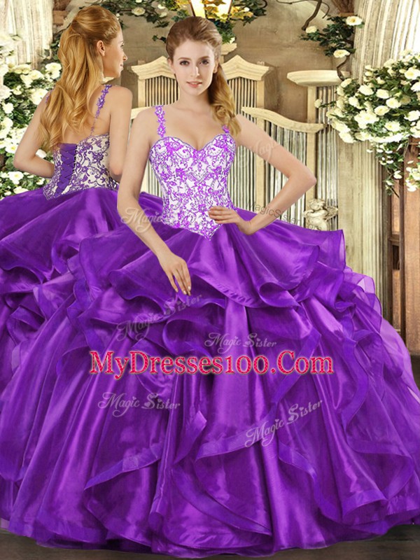 Pretty Eggplant Purple Sleeveless Floor Length Beading and Appliques and Ruffles Lace Up Ball Gown Prom Dress