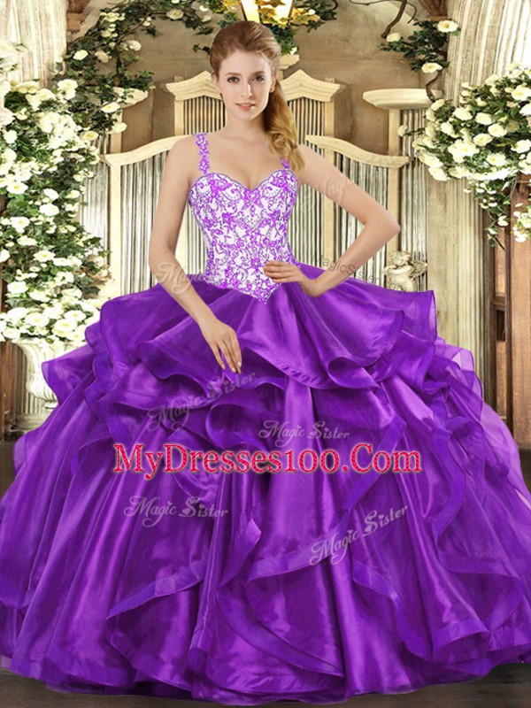 Pretty Eggplant Purple Sleeveless Floor Length Beading and Appliques and Ruffles Lace Up Ball Gown Prom Dress