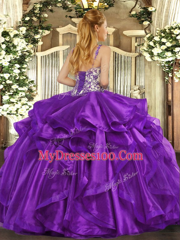 Pretty Eggplant Purple Sleeveless Floor Length Beading and Appliques and Ruffles Lace Up Ball Gown Prom Dress