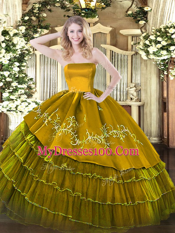 Traditional Organza and Taffeta Sleeveless Floor Length Quinceanera Dresses and Embroidery and Ruffled Layers