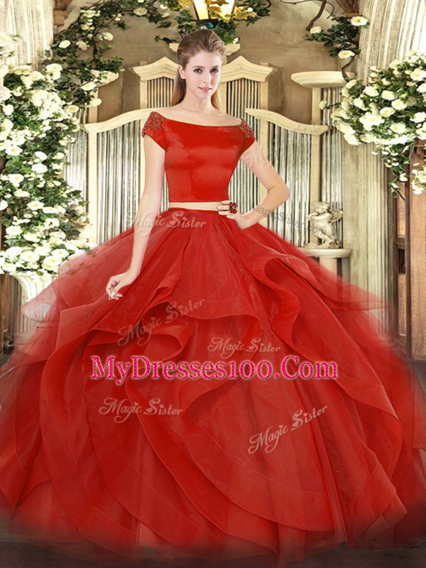 Unique Red Short Sleeves Floor Length Appliques and Ruffles Zipper 15th Birthday Dress