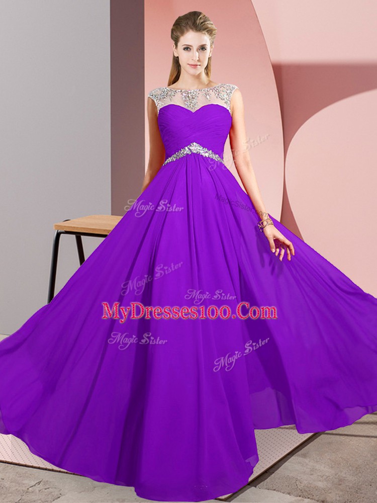 Discount Purple Chiffon Clasp Handle Scoop Sleeveless Floor Length Beading