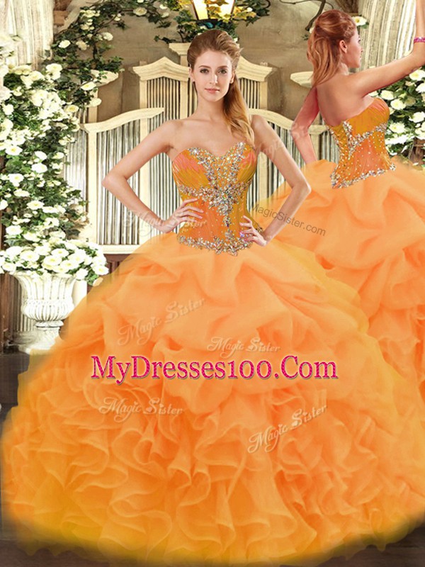 Super Orange Lace Up Sweet 16 Quinceanera Dress Beading and Ruffles Sleeveless Floor Length