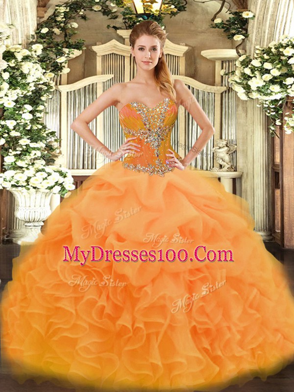 Super Orange Lace Up Sweet 16 Quinceanera Dress Beading and Ruffles Sleeveless Floor Length