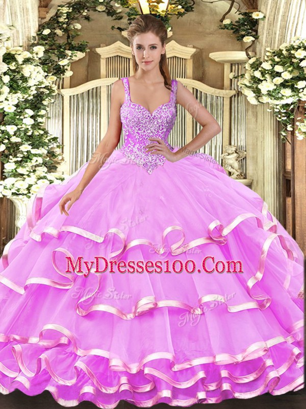 Deluxe Ball Gowns Sweet 16 Dresses Lilac Straps Organza Sleeveless Floor Length Lace Up